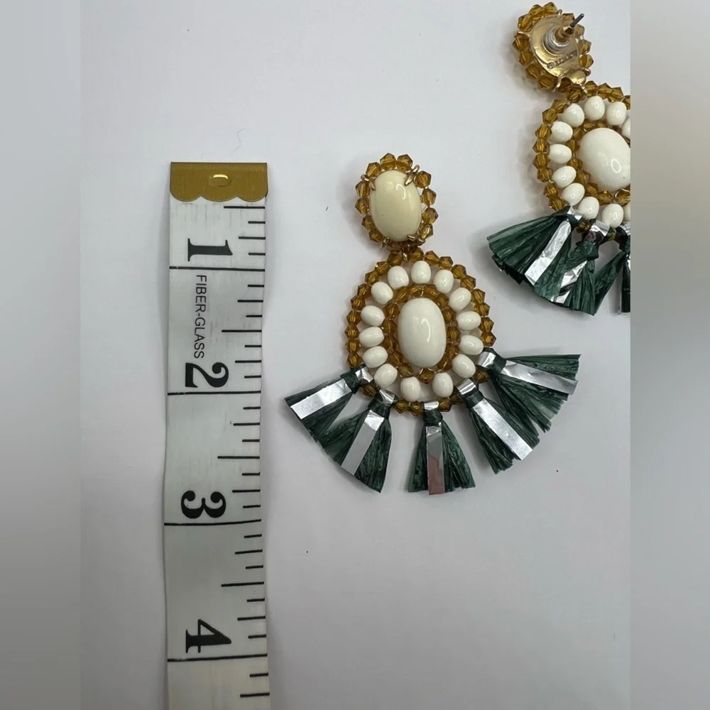 NWT! J. Crew Bead and Raffia Fringe Stone Drop Earrings And Dust Bag